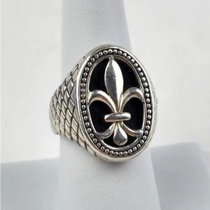 Sterling Silver Fleur De Lis Black Onyx Signet ring Basket Weave 925 Size 8